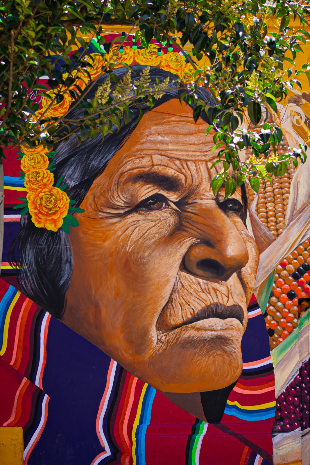 Fresque murale à Bogotá : portrait d'une vieille femme andine couronnée de fleurs de souci orange, poncho rayé et épis de maïs, sous des feuillages