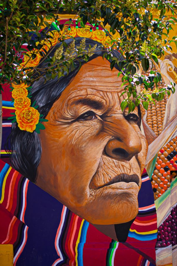 Fresque murale à Bogotá : portrait d'une vieille femme andine couronnée de fleurs de souci orange, poncho rayé et épis de maïs, sous des feuillages
