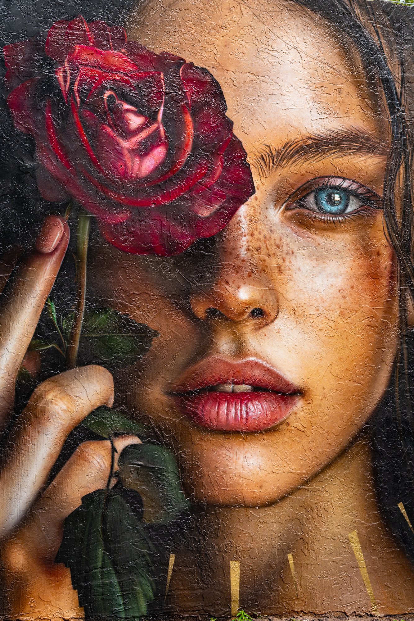 The Veiled Rose : fresque de street art à Miami, portrait de femme aux yeux bleus et taches de rousseur, une rose rouge devant le visage